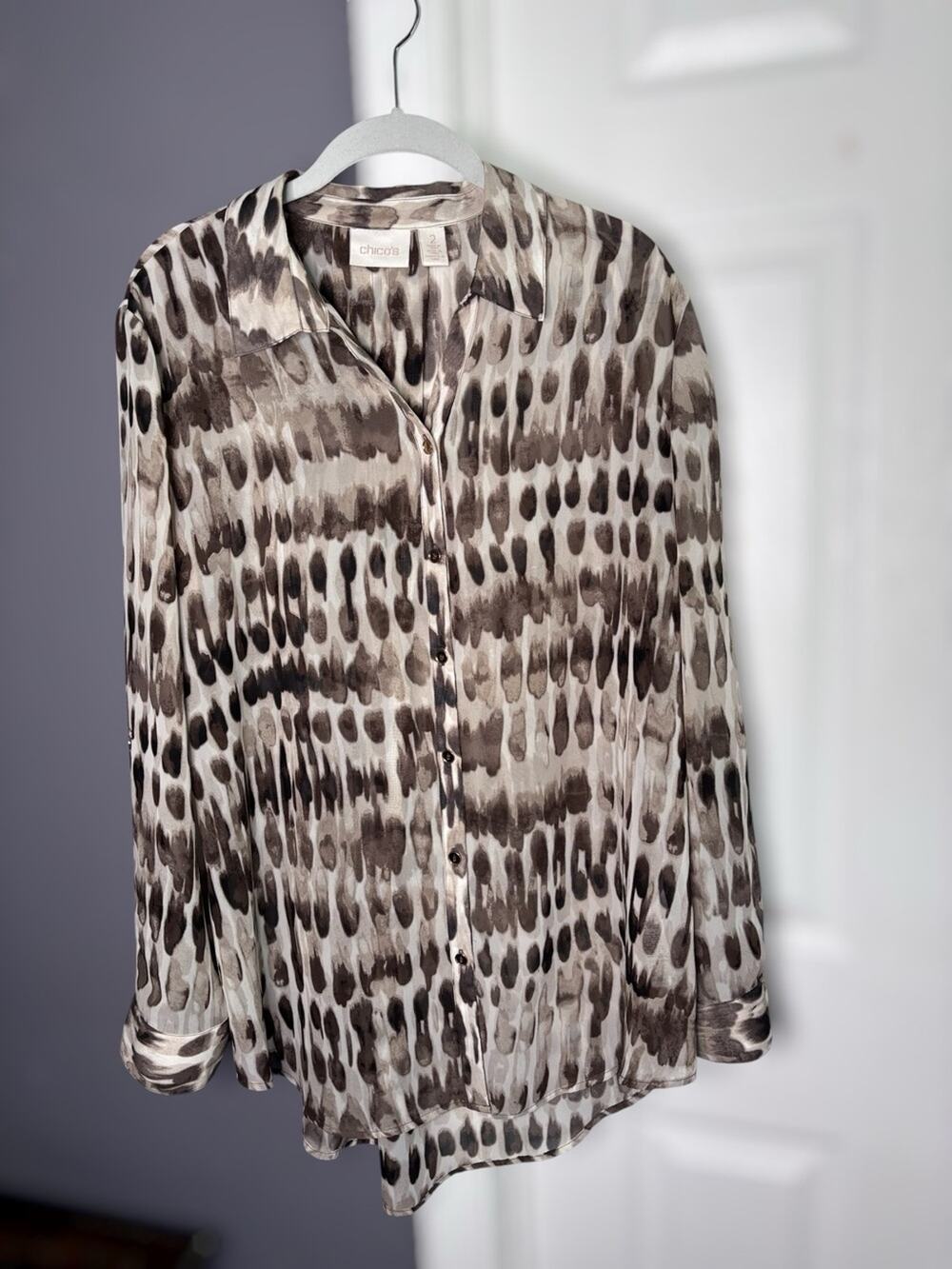 Chico’s Brown Cream Print Gold Button Blouse Size 2 (L)